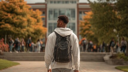Young college student with backpack looking towards campus building