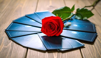 Tarot cards and a rose on a wooden surface