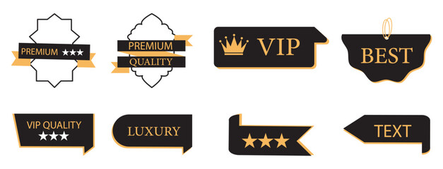 Golden Luxury Labels Set. Premium, VIP, Best, Quality, and Ribbon Designs