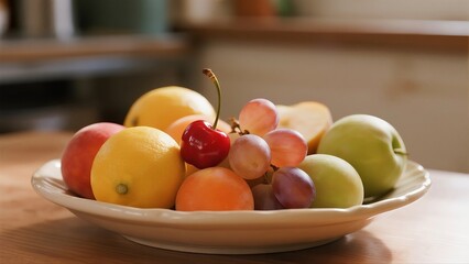 Fresh Assorted Fruits in White Bowl, Perfect for Healthy Snacking and Kitchen Decor
