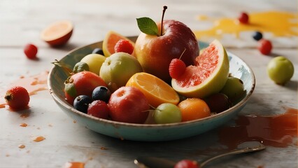 Vibrant Mixed Fruits in Blue Bowl with Juicy Spills, Ideal for Fresh Fruit Lovers and Dining Aesthetics