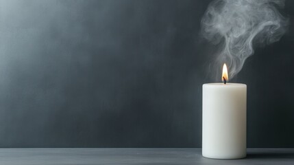 White Candle with Flame and Smoke on Dark Background for Tranquil Atmosphere
