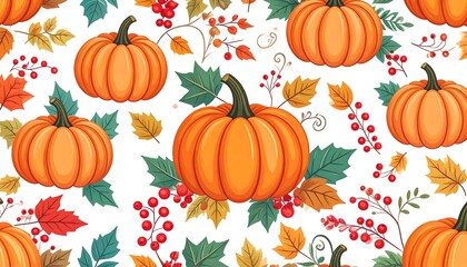 A cheerful autumnal pattern showcases pumpkins, leaves, and berries against a crisp white background.