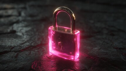 Glowing pink lock on dark stone surface