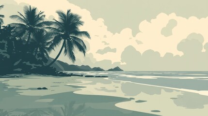 Stylized retro poster art of a tranquil seaside escape with calming coastal views and silhouetted palm trees