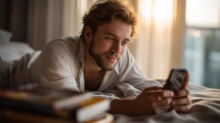 A young man in soft cotton pajamas sprawls across his bed his smartphone glowing with a music video morning sun filtering through sheer curtains a stack of comic books teetering