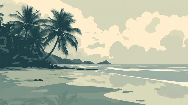 Stylized retro poster art of a tranquil seaside escape with calming coastal views and silhouetted palm trees