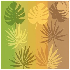 Minimalist composition of tropical plant foliage silhouettes, including monstera and palm, set against a serene earthy gradient background