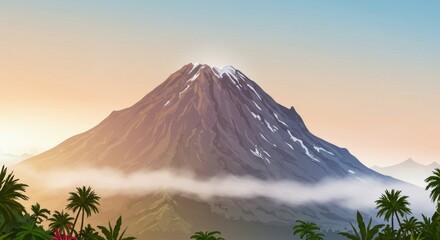 Majestic Mountain Vista A Tropical Paradise with Lush Palm Trees Under Soft Skies