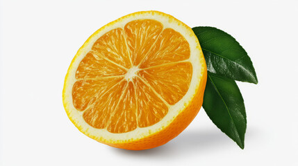 A vibrant half orange slice with visible segments and two green leaves on a clean white background surface