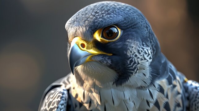 Closeup of a peregrine falcons head, showcasing its sharp beak, intense eyes, and detailed feather patterns, capturing the essence of this majestic bird