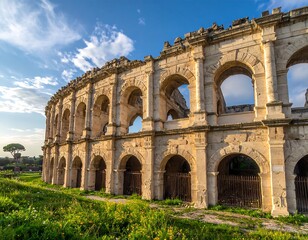Ancient amphitheater at dawn, with wildflowers