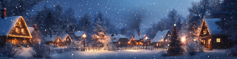 Fototapeta premium Bild eines verschneiten Dorfes in der Dämmerung mit leuchtenden Weihnachtslichtern zwischen den Häusern, Rauch aus den Schornsteinen und sanft fallendem Schnee unter tiefblauem Himmel – winterliche Id