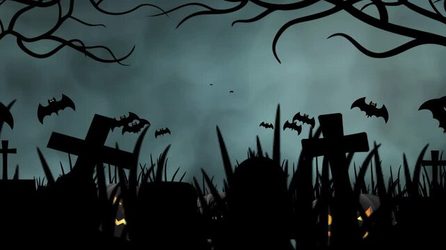 In the Haunted Graveyard, Pumpkins Burn Like Demonic Lanterns and bat flying in Fog