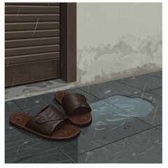 A quiet scene of wet sandals left by the door on a tiled floor after a rainy day, with a puddle reflecting the somber mood