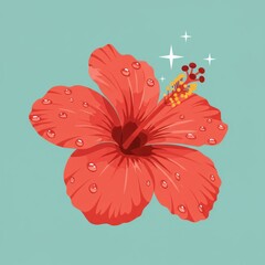 Vintage style illustration of a vibrant red hibiscus blossom covered in sparkling morning dew drops on a teal background
