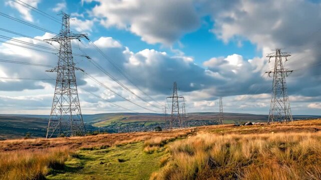 Power lines cross a grassy moor backed by rolling hills under a partly cloudy sky