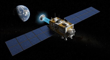 A man wearing a futuristic augmented reality headset, interacting with a holographic display and a tablet showing data visualizations.