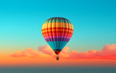 Fototapeta premium Colorful hot air balloon floats above a vibrant sunset sky with soft clouds in the background