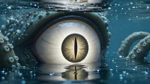 Giant slitpupil sea creature eye with tentacles breaking the ocean surface and reflection.