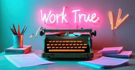 Vintage typewriter sits upon desk. Neon sign displays Work True. Papers surround machine, pencils nearby. Bright colors dominate scene.
