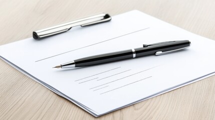 Elegant Black Pen on Blank Paper with Paperclip on Wooden Desk Surface