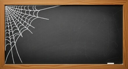 Chalk spiderweb on empty blackboard frame for Halloween or spooky messages