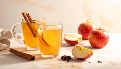 Fototapeta premium Apple cider with cinnamon and fruit — cozy warmth, autumn flavor, rustic comfort.