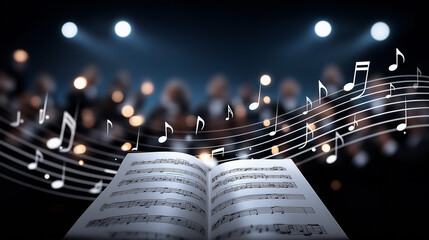 A group of singers harmonizes in a choir audition with sheet music spread a conductor waving a baton a piano playing softly and a recording device capturing captured in a