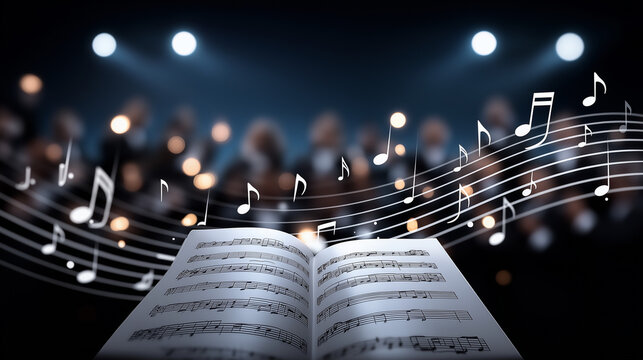 A group of singers harmonizes in a choir audition with sheet music spread a conductor waving a baton a piano playing softly and a recording device capturing captured in a