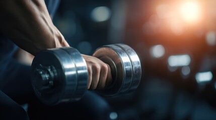 Fototapeta premium Person Lifting Silver Dumbbell in Gym Fitness Setting with Warm Lighting