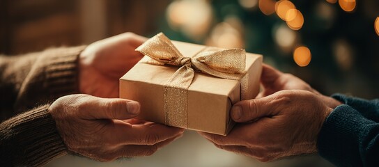 Hands Exchanging Elegant Gift Box with Ribbon in Business Setting, Blurred Warm Background with Bokeh for Celebration or Corporate Concept