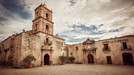 Obraz premium Historic Stone Church with Bell Tower and Arched Entrances in a Sunny Outdoor Setting