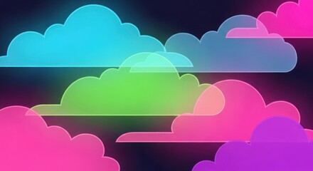 Colorful translucent clouds with bright neon outlines floating in a dark sky, a vibrant abstract digital art background