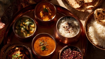 Indian cuisine platter with rice and naan bread