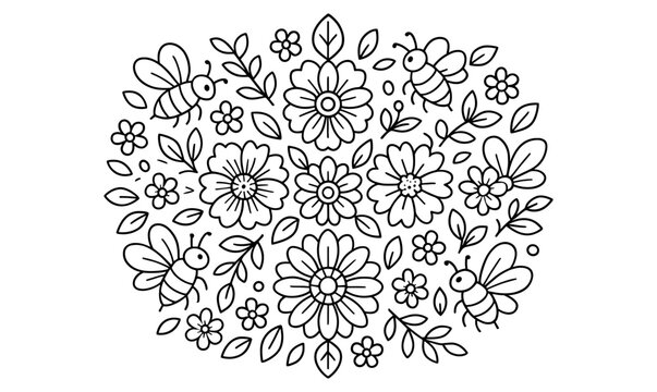 Floral bee mandala design featuring simple composed patterns for artistic coloring and decoration