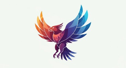 A powerful mythical bird emblem, like a phoenix or eagle, with vibrant gradient wings symbolizing duality and ascent