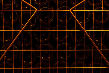 Cave à champagne avec lumière tamisée orange, bouteilles stockées dans des casiers...