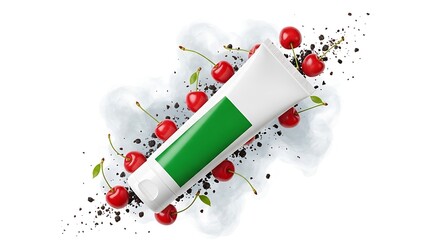 White Tube of Cherry-Scented Skincare Product Surrounded by Cherries and Crumbs