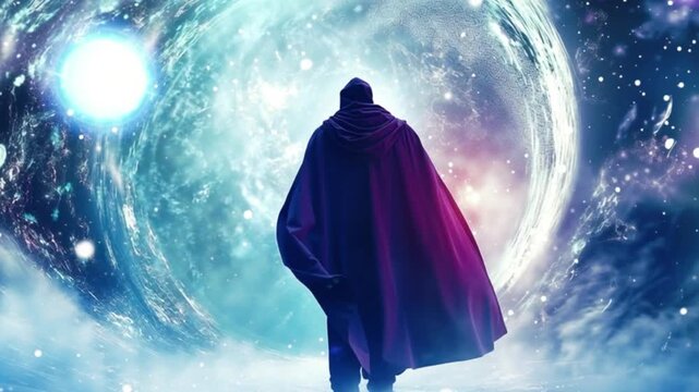 Mystical hooded figure standing before cosmic swirling portal, celestial energy universe backdrop glowing with radiant starlight as powerful fantasy magic atmosphere creates dramatic otherworldly dime