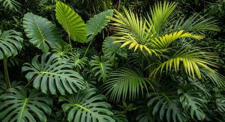 Fototapeta premium Lush Green Tropical Leaves Background with Monstera and Palm Plants