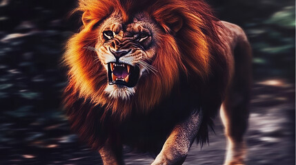 Naklejka premium A close up of a snarling lion with a large mane walking forward in a dark and blurry environment now seen here