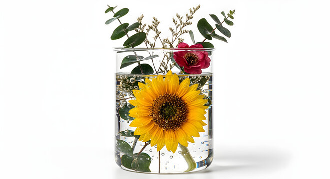 Vibrant Sunflower & Red Bloom with Eucalyptus in Glass Beaker on White Background - Powered by Adobe