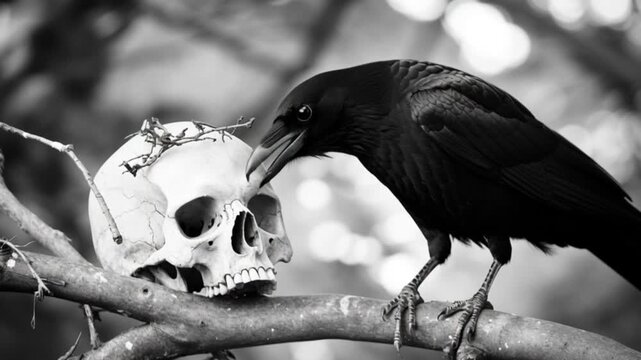 Black raven standing beside human skull on tree branch, gothic horror cinematic footage, symbol of death and mystery, dark atmospheric forest, concept of mortality and haunting silence