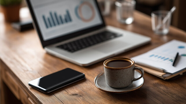 A laptop scattered charts a notebook with coffee stains a ceramic coffee cup and a smartphone rest on a wooden desk top view of a modern workspace office workspace
