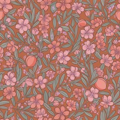 Elegant vintage seamless pattern of pink peach blossoms, delicate fruit, and sage green leaves on a warm terracotta background