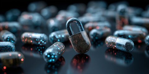 Futuristic capsules with digital patterns symbolize intersection of biotechnology and cybersecurity, highlighting innovation in pharmaceutical technology