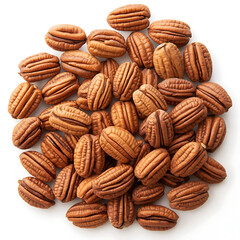 Fototapeta premium The image showcases a pile of oval-shaped pecans, arranged against a white background, with their glossy texture and warm earthy tones.
