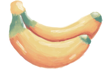Hand-drawn digital painting of two bananas with brush strokes on a white background. Artistic fruit illustration suitable for food design, posters, and creative projects.