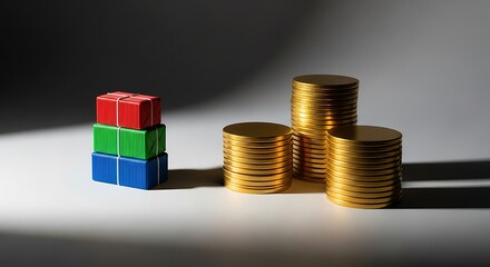 Stack of small colorful gift boxes next to piles of gold coins on gray surface